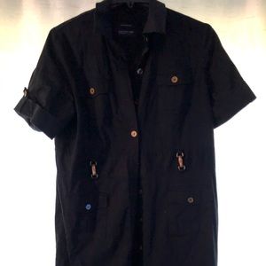 Black button up dress with brown and gold details